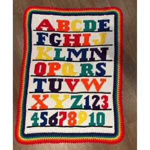 Vintage 1970's Alphabet Numbers Child's Rainbow Afghan 54” x 41”